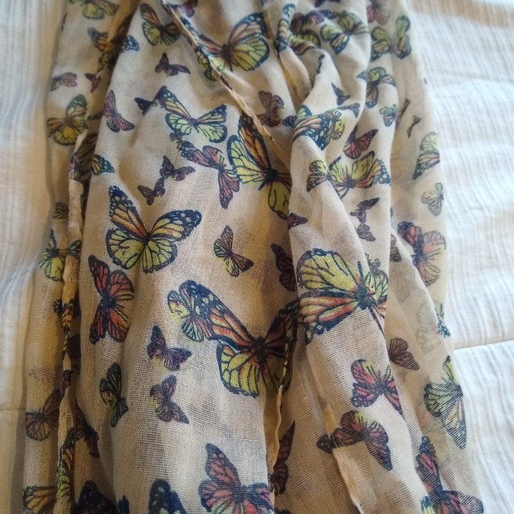 Butterfly Print Lightweight Scarf - Beige with Multicolor Butterflies
